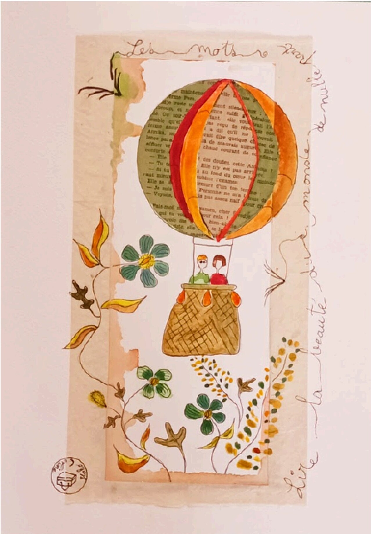 Aquarelle d'une montgolfière en pages de livre
